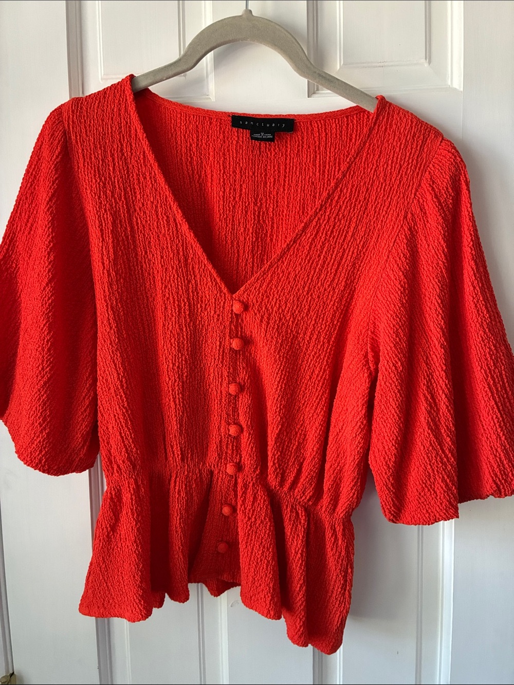 Sanctuary Textured V-Neck Button-Front Peplum Top - Coral